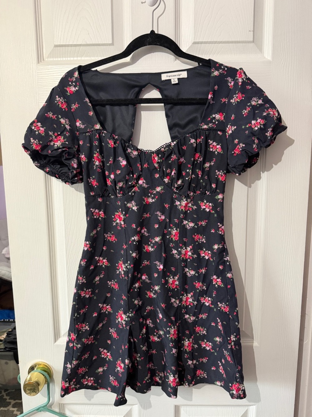 Francesca's Collections Black Mini Dress with Pink & Red Floral Print